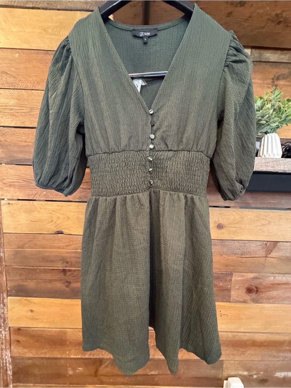 Olive Green V-Neck Smocked Waist Dress